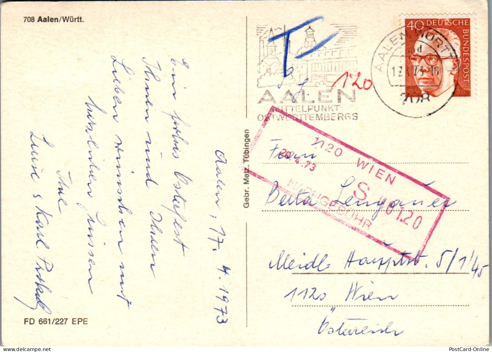 47880 - Deutschland - Aalen , Württ. , Nachgebühr Stempel , Mehrbildkarte - Gelaufen 1973 - Aalen