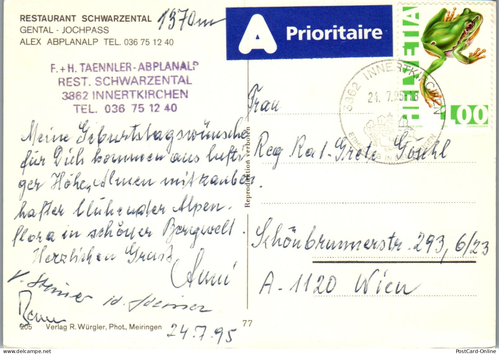 48601 - Schweiz - Innertkirchen , Restaurant Schwarzental , Gental , Jochpass , Alex , Abplanalp - Gelaufen 1995 - Innertkirchen