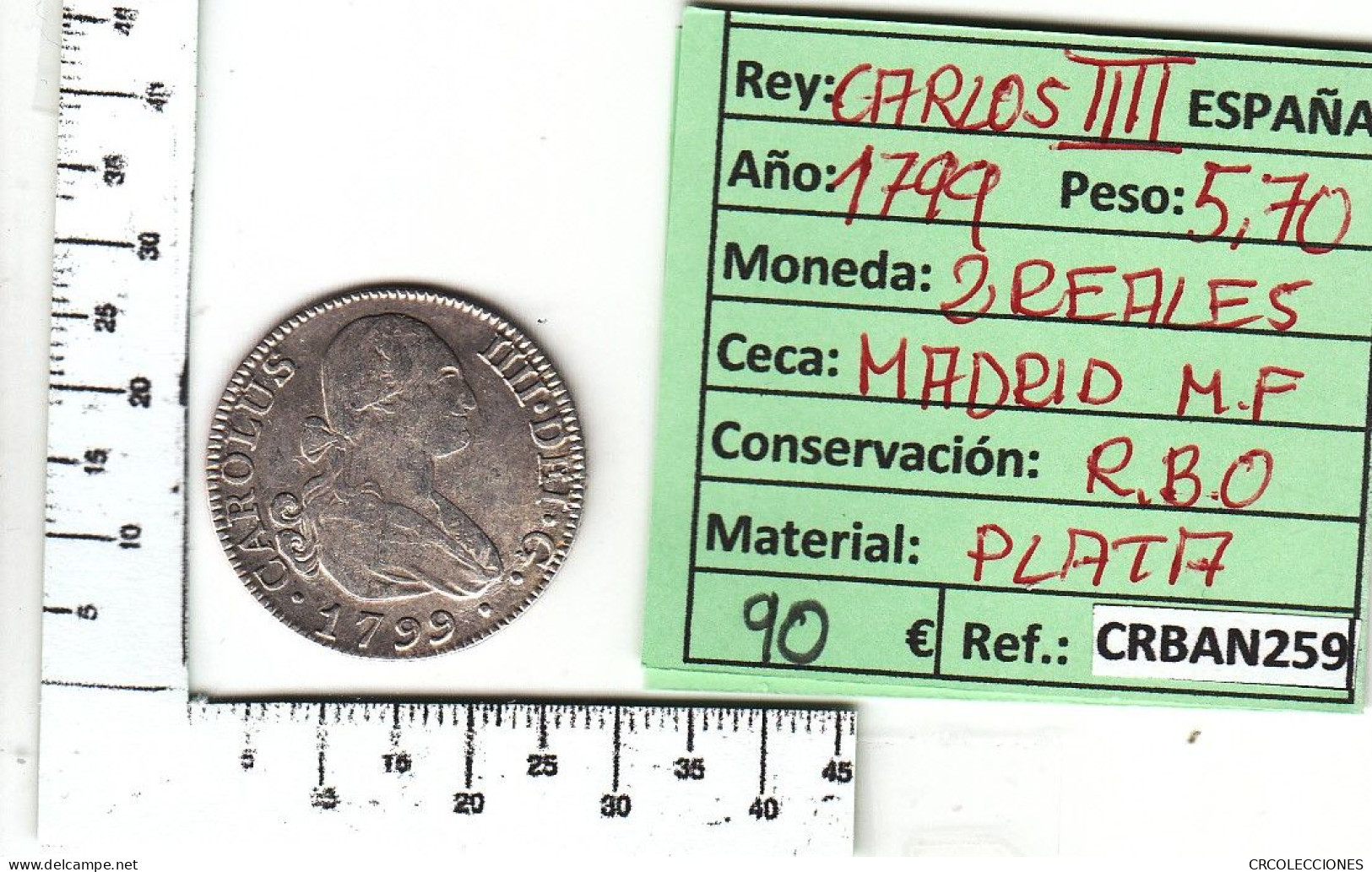 CRBAN259 MONEDA ESPAÑA 2 REALES 1799 CARLOS IV - Autres & Non Classés