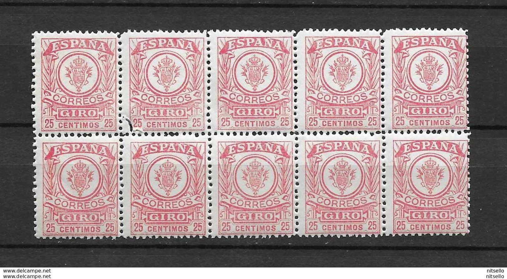 LOTE 1891 E  ///  (C025) ESPAÑA GIRO  EDIFIL Nº 3  BLOQ DE 10  **MNH  *** RARO **** - Revenue Stamps