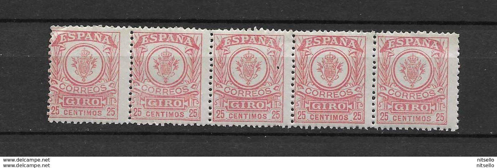 LOTE 1891 E  ///  (C025) ESPAÑA GIRO  EDIFIL Nº 3  BLOQ DE 5  **MNH  *** RARO **** - Revenue Stamps