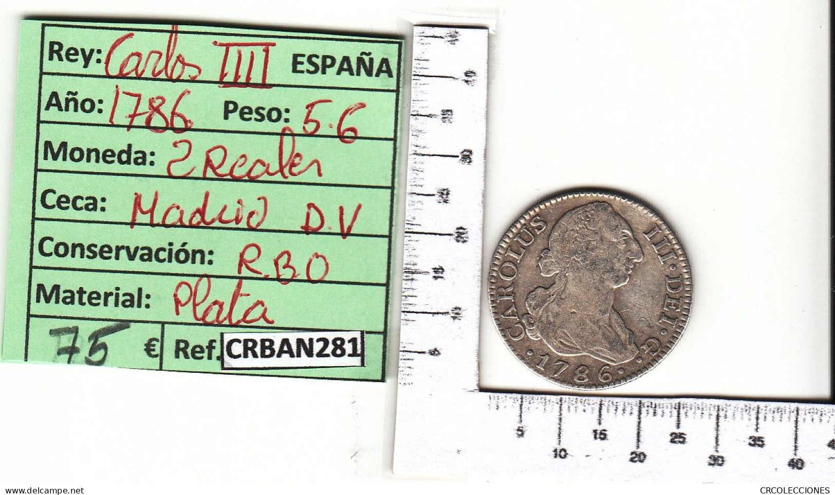 CRBAN281 MONEDA ESPAÑA 2 REALES 1786 CARLOS III - Autres & Non Classés