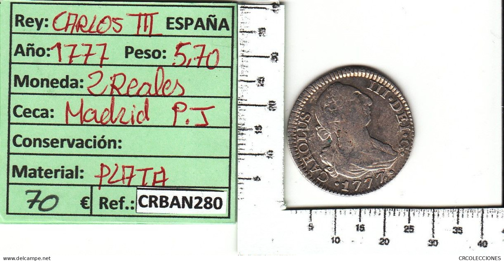 CRBAN280 MONEDA ESPAÑA 2 REALES 1777 CARLOS III - Autres & Non Classés