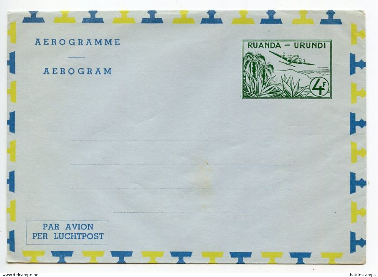 Ruanda-Urundi C.1960's Mint Aerogramme 4f. Airplane - Stamped Stationery