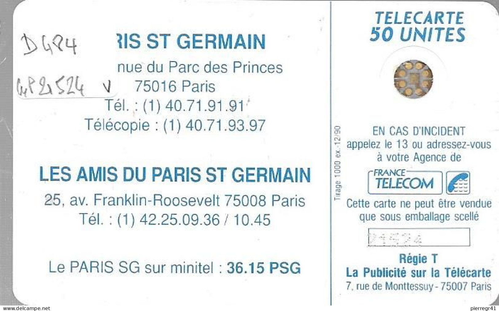 CARTE-PRIVEE-1990-D484-SC5Ab--N°imp21524-Les Amis Du St Germain-1000ex-Utilisé-TBE/LUXE-RARE - Telefoonkaarten Voor Particulieren