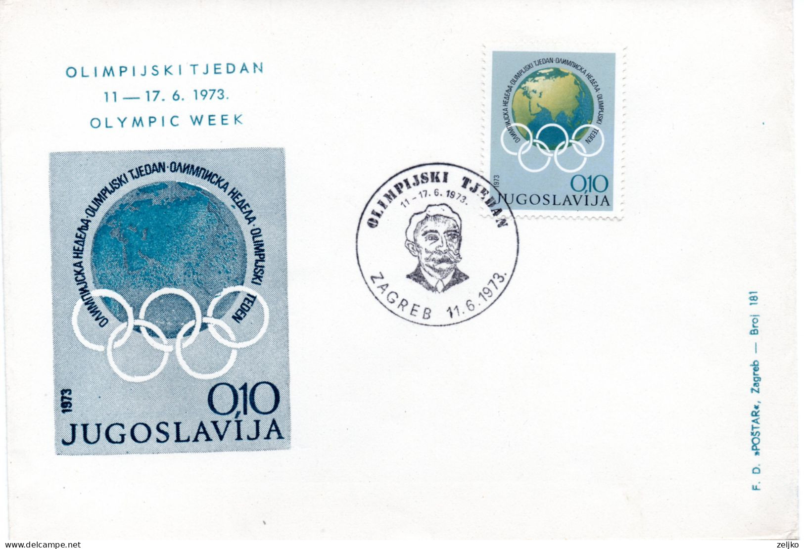 Yugoslavia, Olympic Week 1973, Pierre De Coubertin - Lettres & Documents