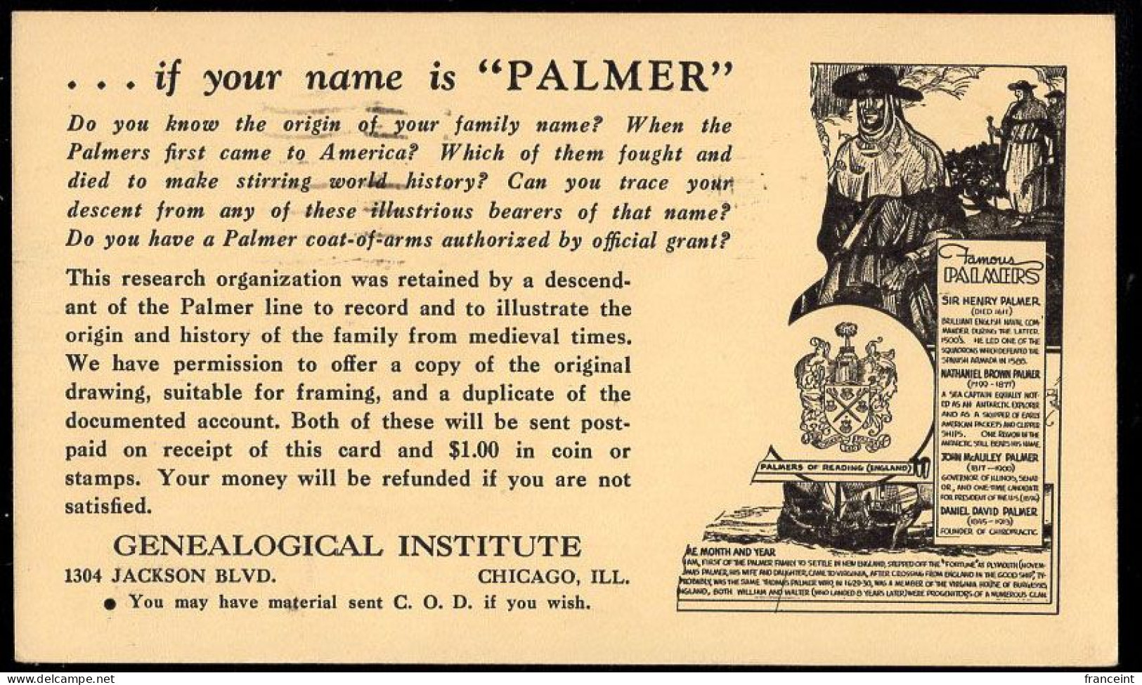 U.S.A.(1938) Palmer Coat Of Arms. Settler Ship. Genealogy. 1 Cent Postal Card With Advertising. "Genealogical Institute. - 1921-40