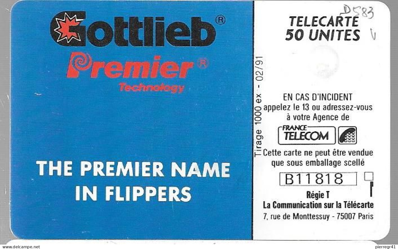 CARTE-PRIVEE-1991-D583-02/91-GEMA-GOTTLIEB-1000ex-R° Laqué-Utilisé-TBE/LUXE - Telefoonkaarten Voor Particulieren