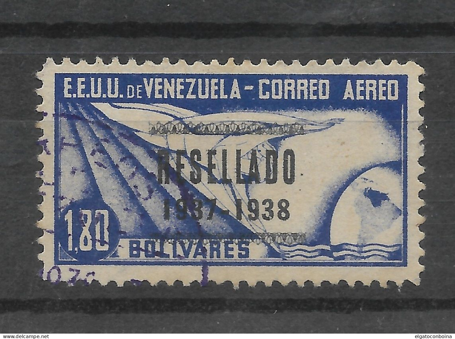 VENEZUELA 1937 OVERPRINTED RESELLADO 1937 1938 BLUE 1.80B SURCHARGED MI 225 SC C72 USED - Venezuela