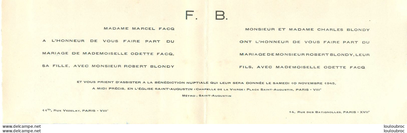 FAIRE PART DE MARIAGE EN 2 VOLETS  11/1945 ODETTE FACQ ET ROBERT BLONDY  DE PARIS - Wedding