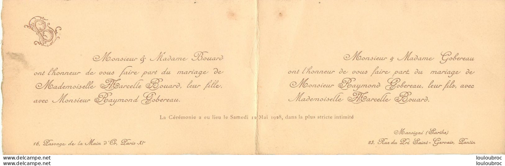 FAIRE PART DE MARIAGE EN 2 VOLETS  05/1928 DE MARCELLE BOUARD ET RAYMOND GOBEREAU  DE PARIS ET PANTIN - Huwelijksaankondigingen