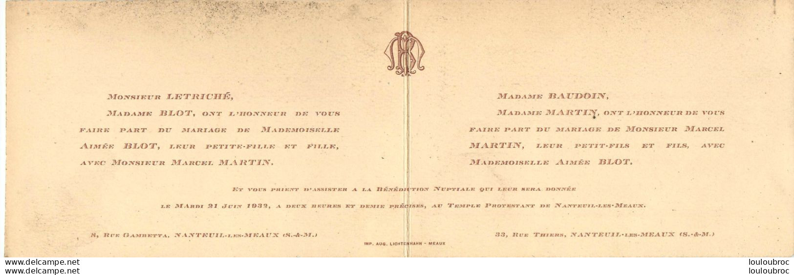 FAIRE PART DE MARIAGE EN 2 VOLETS  06/1932 DE AIMEE BLOT ET MARCEL MARTIN  DE NANTEUIL LES MEAUX - Boda