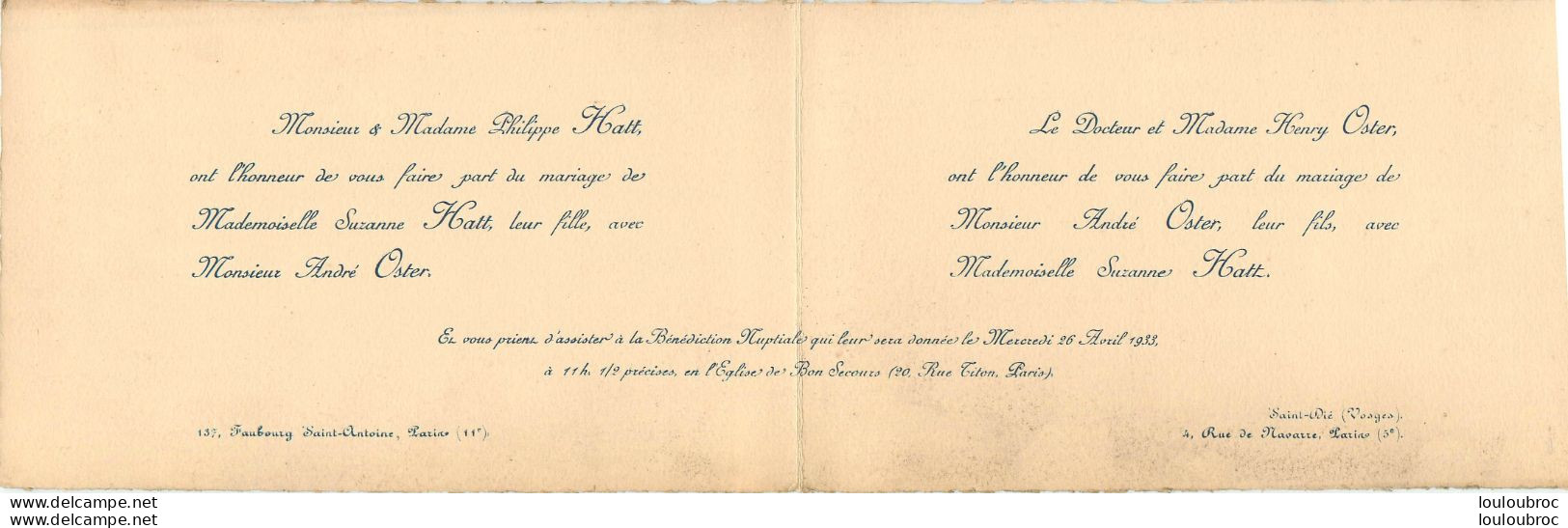 FAIRE PART DE MARIAGE EN 2 VOLETS  04/1933 DE SUZANNE HATT ET ANDRE OSTER  DE PARIS - Mariage