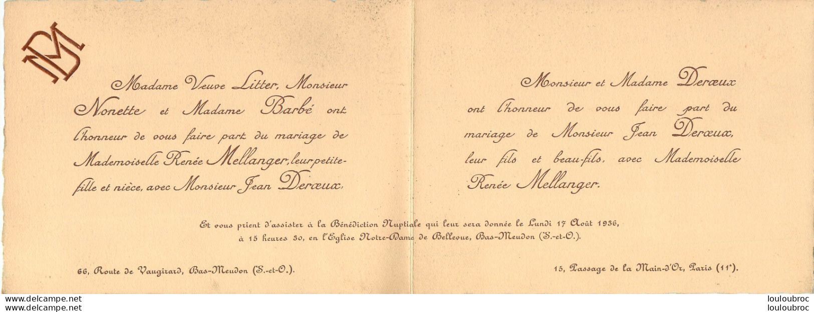 FAIRE PART DE MARIAGE EN 2 VOLETS  08/1936 DE RENEE MELLANGER ET JEAN DEROEUX  DE PARIS ET BAS MEUDON - Hochzeit