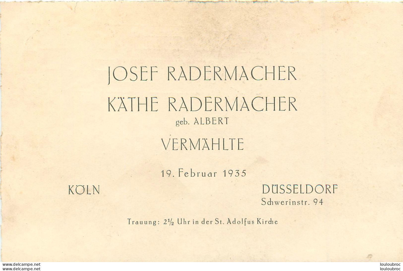 FAIRE PART DE MARIAGE 02/1935 JOSEF RADERMACHER ET KATHE  KOLN ET DUSSELDORF - Wedding
