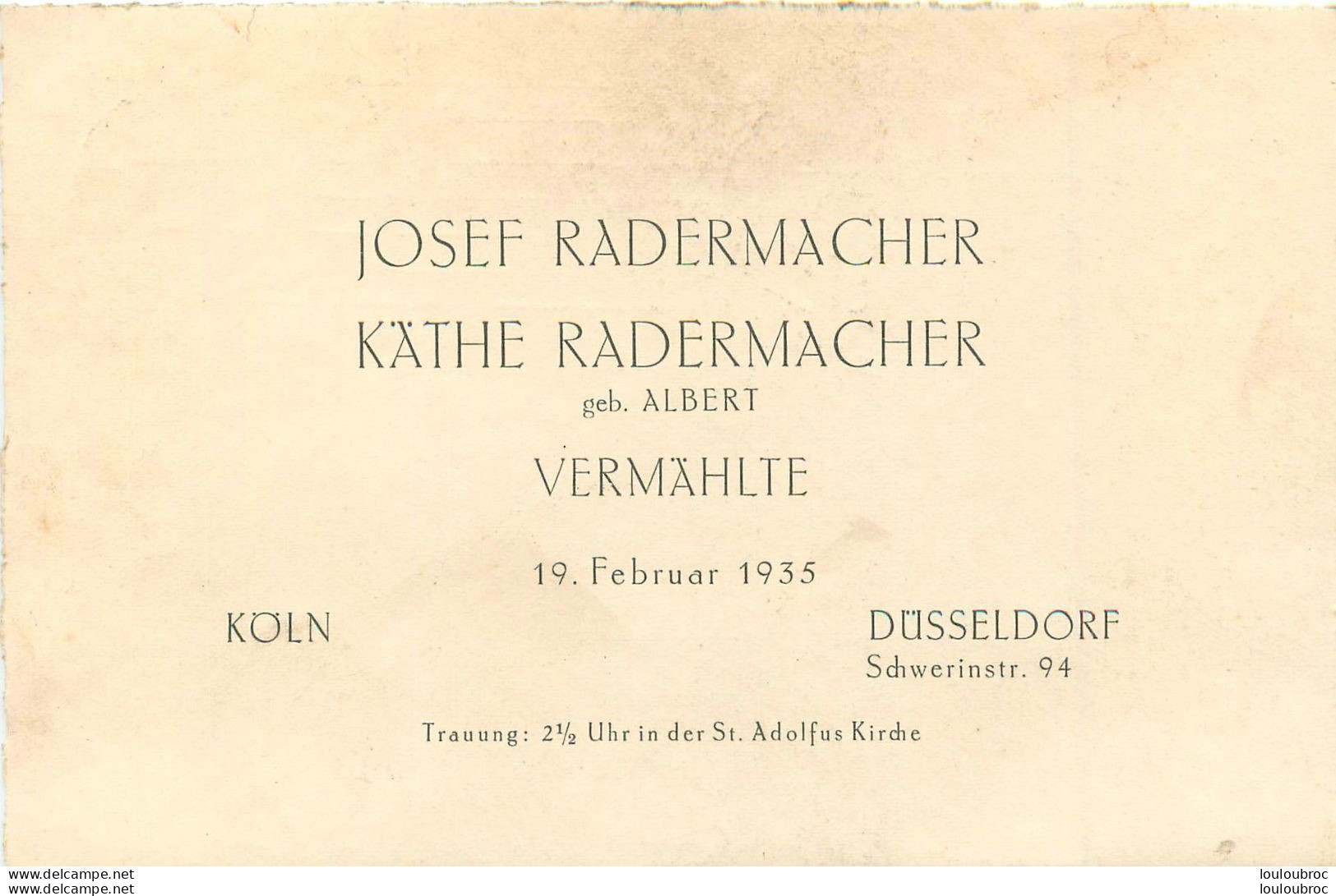 FAIRE PART DE MARIAGE 02/1935 JOSEF RADERMACHER ET KATHE  KOLN ET DUSSELDORF - Mariage