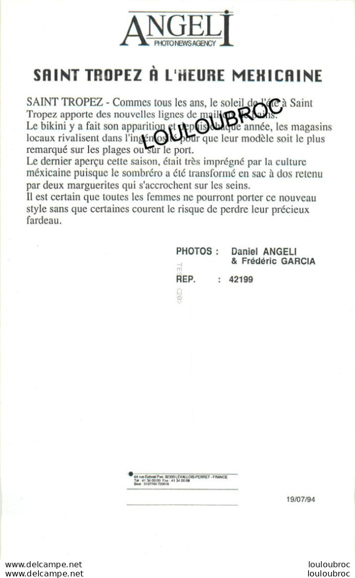 SAINT TROPEZ A L'HEURE MEXICAINE 07/1994  PHOTO AGENCE ANGELI 27x18cm R3 - Pin-ups