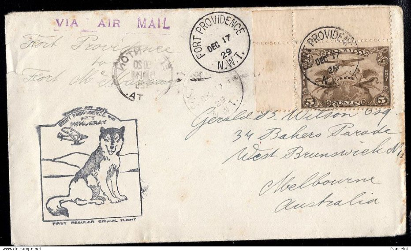 CANADA(1929) Husky. Mail Plane. First Flight Cover Fort Providence To Fort McMurray With Delightful Cachet, Franked With - Premiers Vols