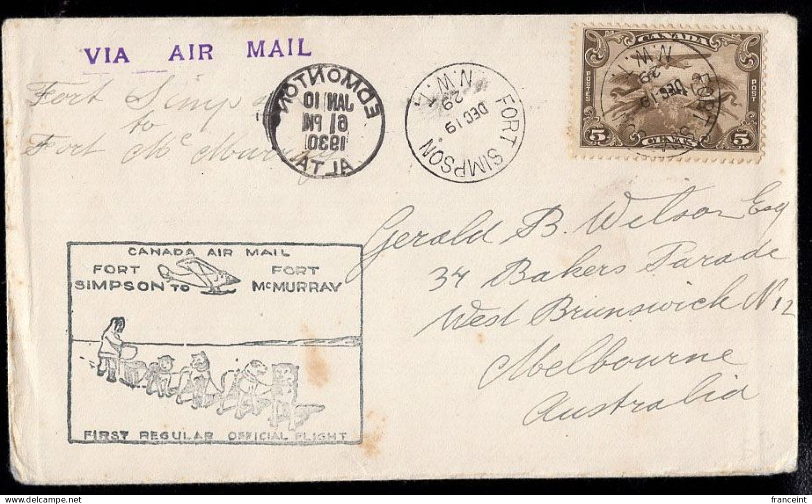 CANADA(1929) Dogsled Team. Mail Plane. First Flight Cover Fort Simpson To Fort McMurray With Delightful Cachet, Franked - Eerste Vluchten