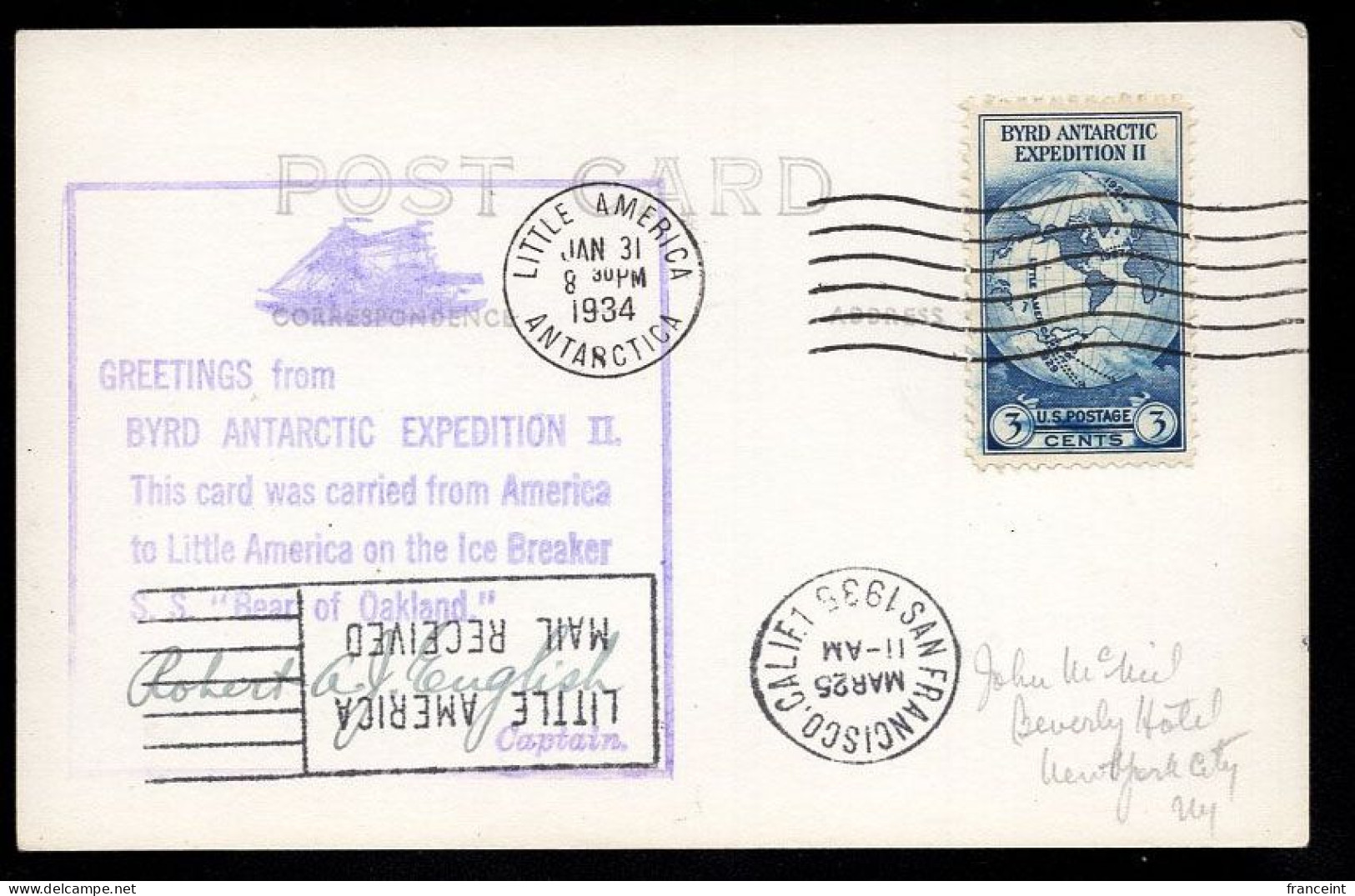 ETATS UNIS(1934) Expédition De Byrd En Antarctique. Yvert No 323. Scott No 733. Oblitération De Little America En Antarc - Schmuck-FDC