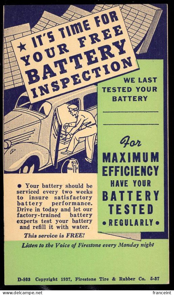 U.S.A.(1950) Garage Mechanic* Inspecting Battery. Automobile. One Cent Postal Card With Advertising. "Firestone Tire And - 1941-60