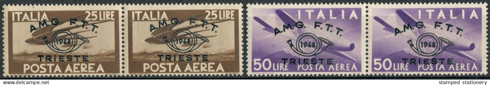 AMG-FTT 1948 POSTA AEREA L. 25 50 CONVEGNO FILATELICO TRIESTE SOPRASTAMPATI 'AMG-FTT' COLLA BICOLORE - SASSONE PA18/9 - Posta Aerea