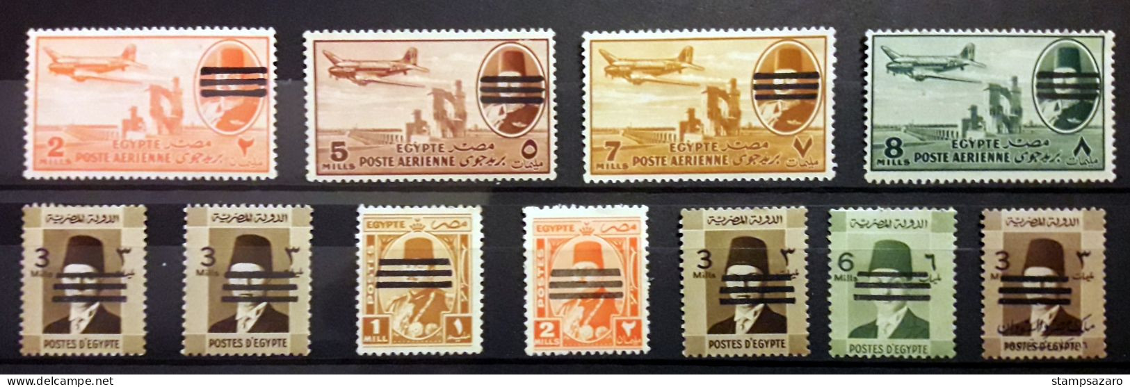 Egypt , 1953 King Farouk 3 Bars Surcharged, Collection Of 11 Stamps MNH ** - Unused Stamps