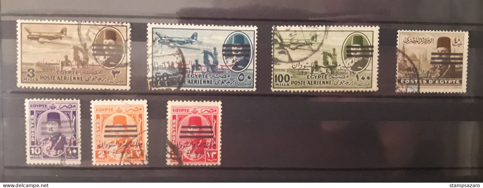 Egypt, 1953 King Farouk King Egypt And Sudan , 3 Bars Surcharged, Collection Of 7 Stamps Used - Oblitérés