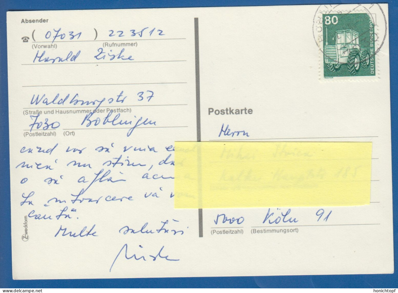 Deutschland; BRD; Postkarte; 80 Pf Traktor; 1986 - Cartes Postales - Oblitérées