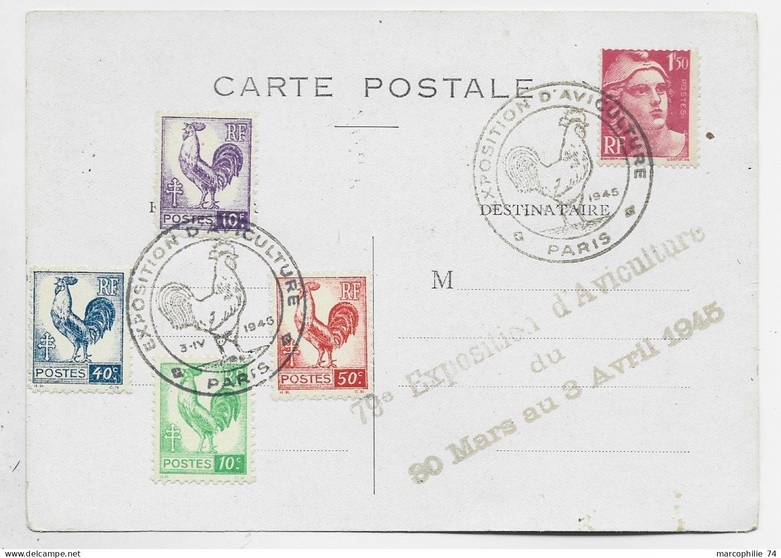 COQ 10C+40C+50C+10FR VIOLET + GANDON 1FR50 CARTE EXPOSITION AVICULTURE 3.IV.1945 PARIS - 1944 Coq Et Maríanne D'Alger