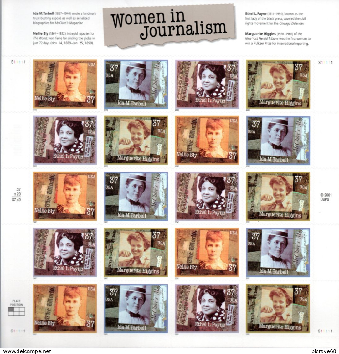 ETATS UNIS / FEUILLE ENTIERE AUTOADHESIFS N° 3374 à 3377 WOMEN IN JOURNALISM - Feuilles Complètes