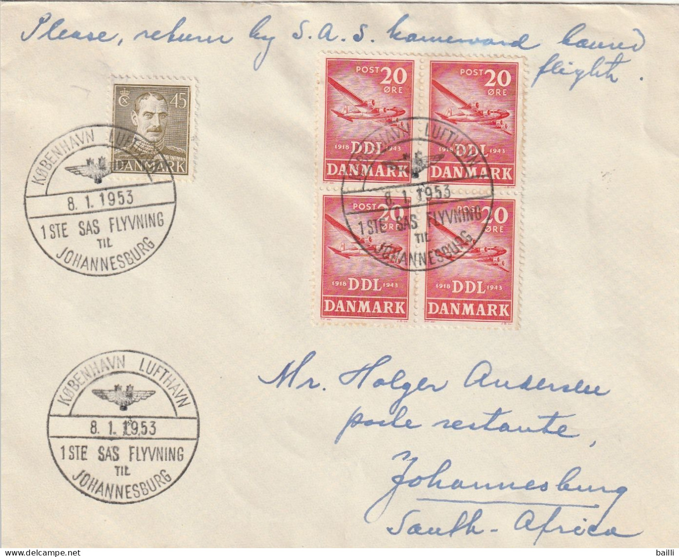 Danemark Lettre Pour L'Afrique Du Sud 1953 - Covers & Documents