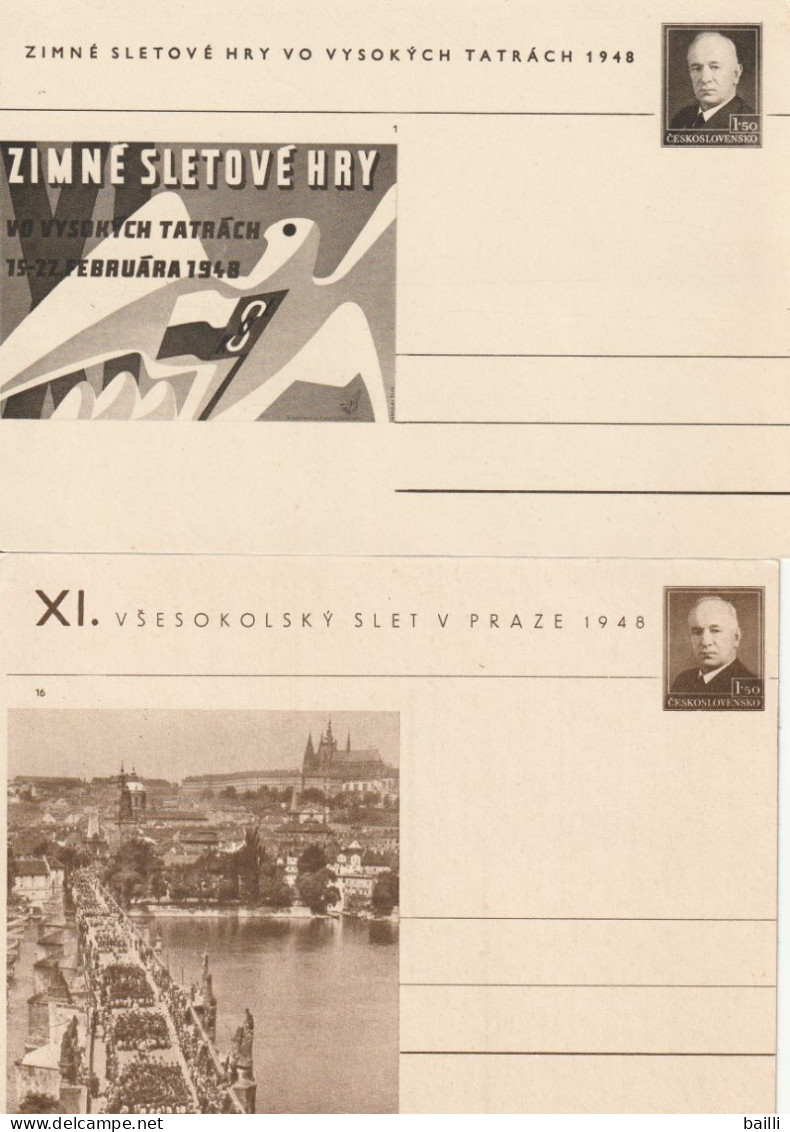 Tchécoslovaquie 2 Entiers Postaux Illustrés Différents 1948 - Cartes Postales