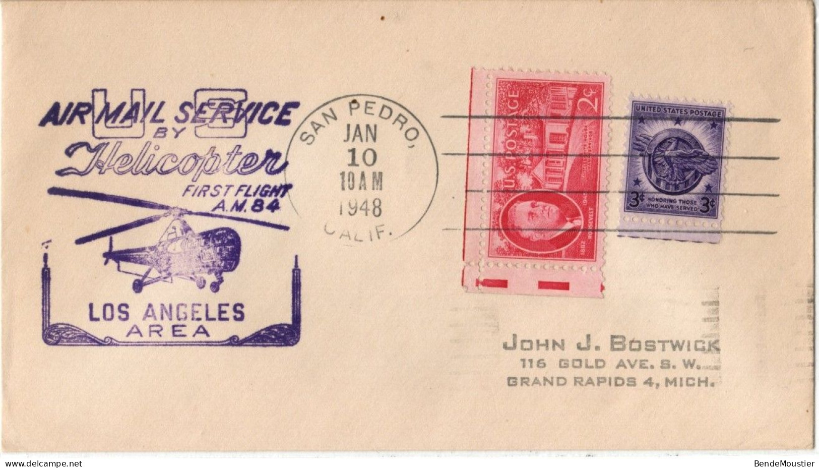 (N170) USA Scott # 931 & 940 - Air Mail Service By Helicopter A.M.48 - San Pedro (Cal) - Grand Rapids (Mich) 1948 - 2c. 1941-1960 Covers