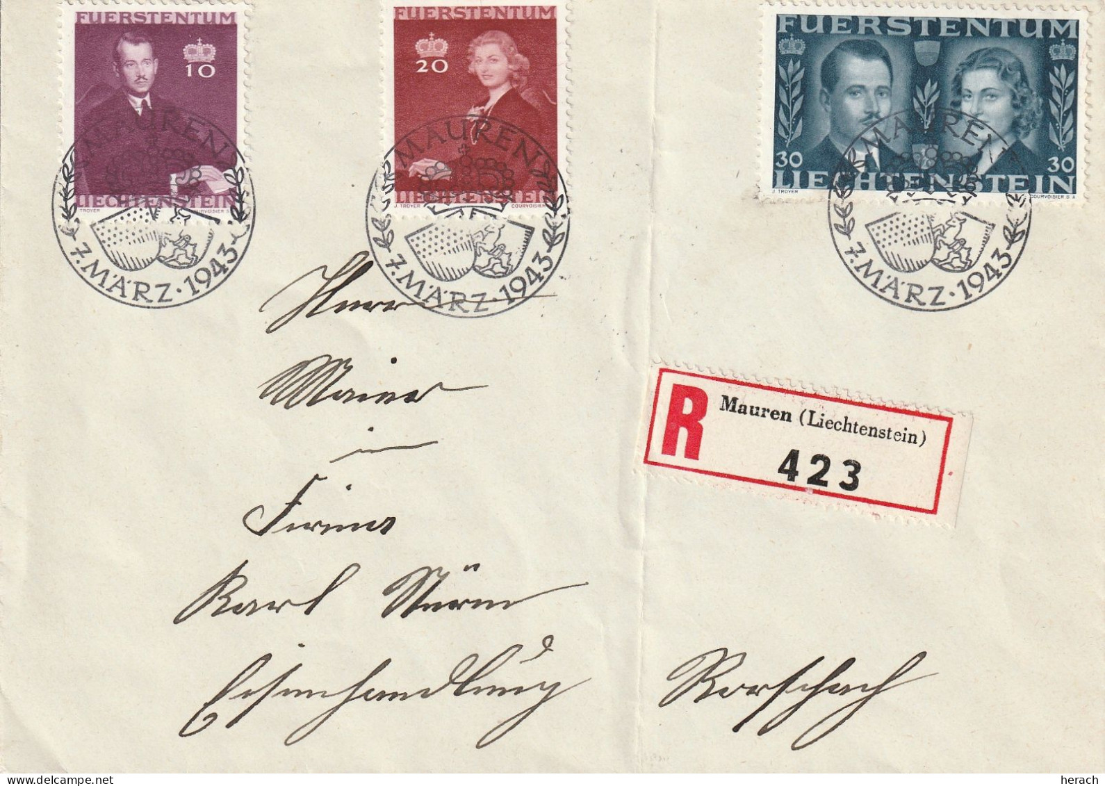 Liechtenstein Lettre Recommandée Mauren 1943 - Storia Postale