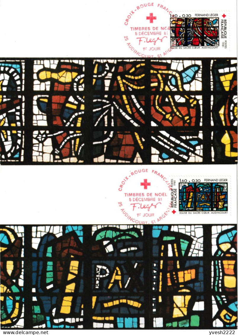 France 1981 Y&T 2175 Et 2176. Croix-Rouge. Vitraux De Fernand Léger Du Sacré-Cœur D'Audincourt, Doubs . 2 Cartes Maximum - Glas & Fenster