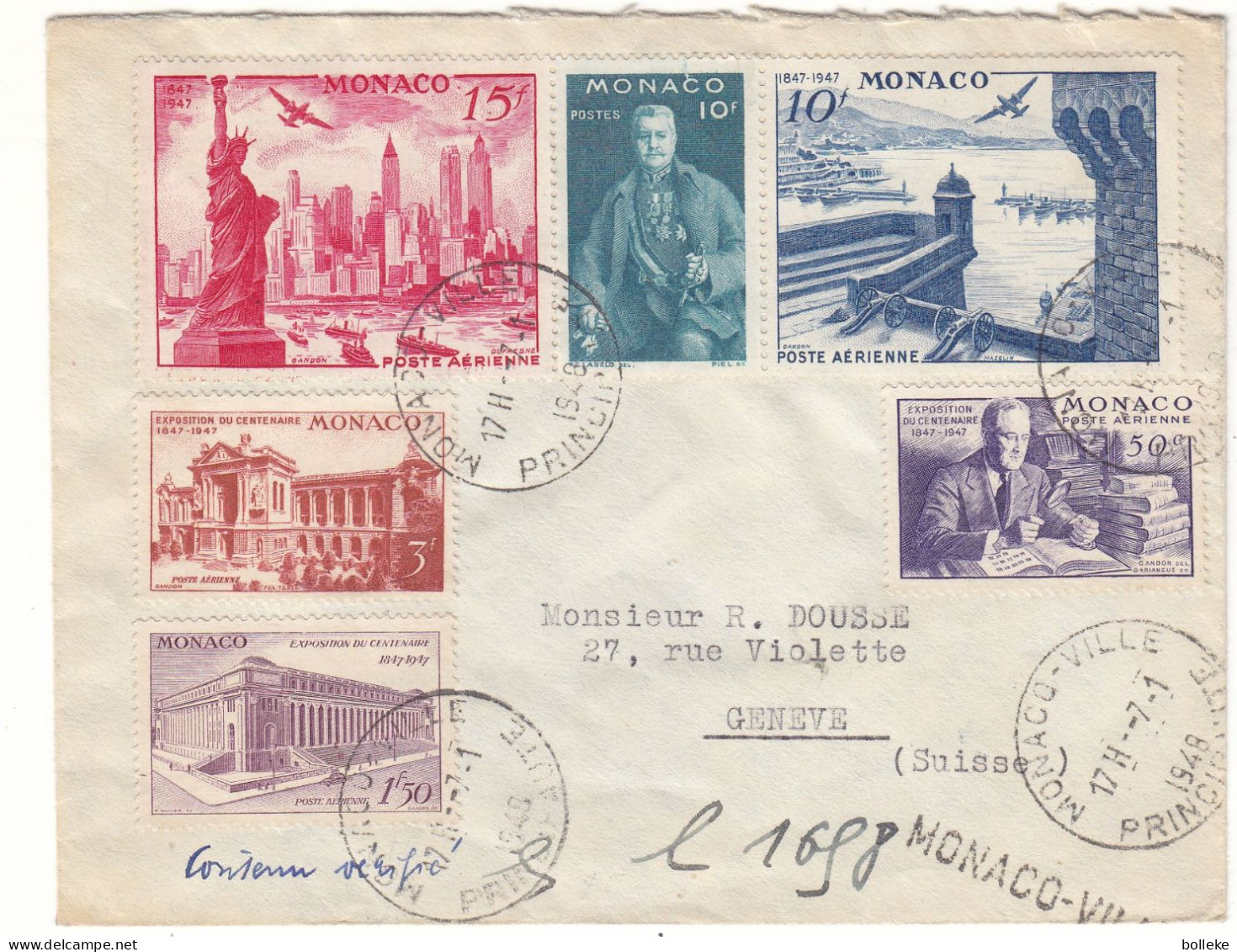 Monaco - Lettre De 1948 - Oblit Monaco Ville - Exp Vers Genève - Statue De La Liberté - Valeur 50 € ++ - Cartas & Documentos