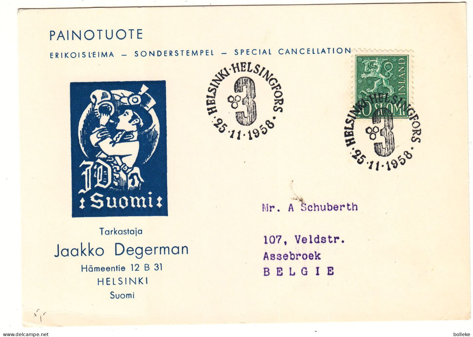 Finlande - Carte Postale De 1958 - Oblit Helsinki - Exp Vers Assebroek - - Lettres & Documents