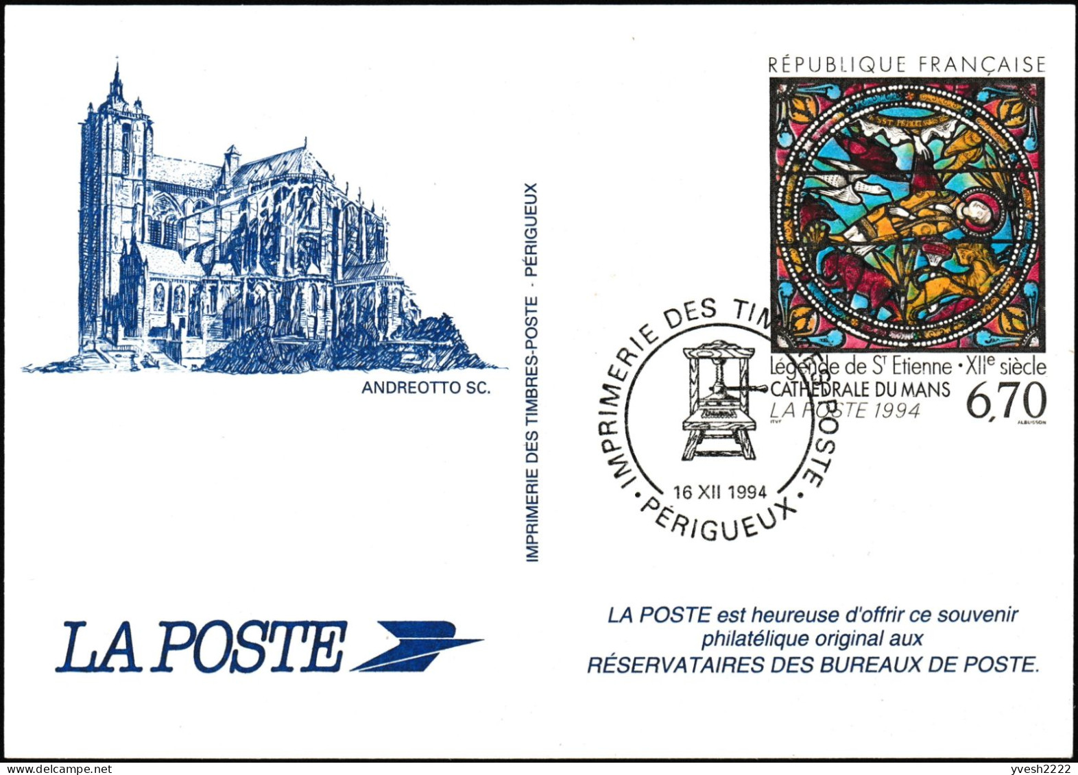 France 1994 Y&T 2859. Vitrail Roman De La Cathédrale Du Mans. Légende De Saint Étienne. Entier Postal De Promotion. Ours - Glasses & Stained-Glasses