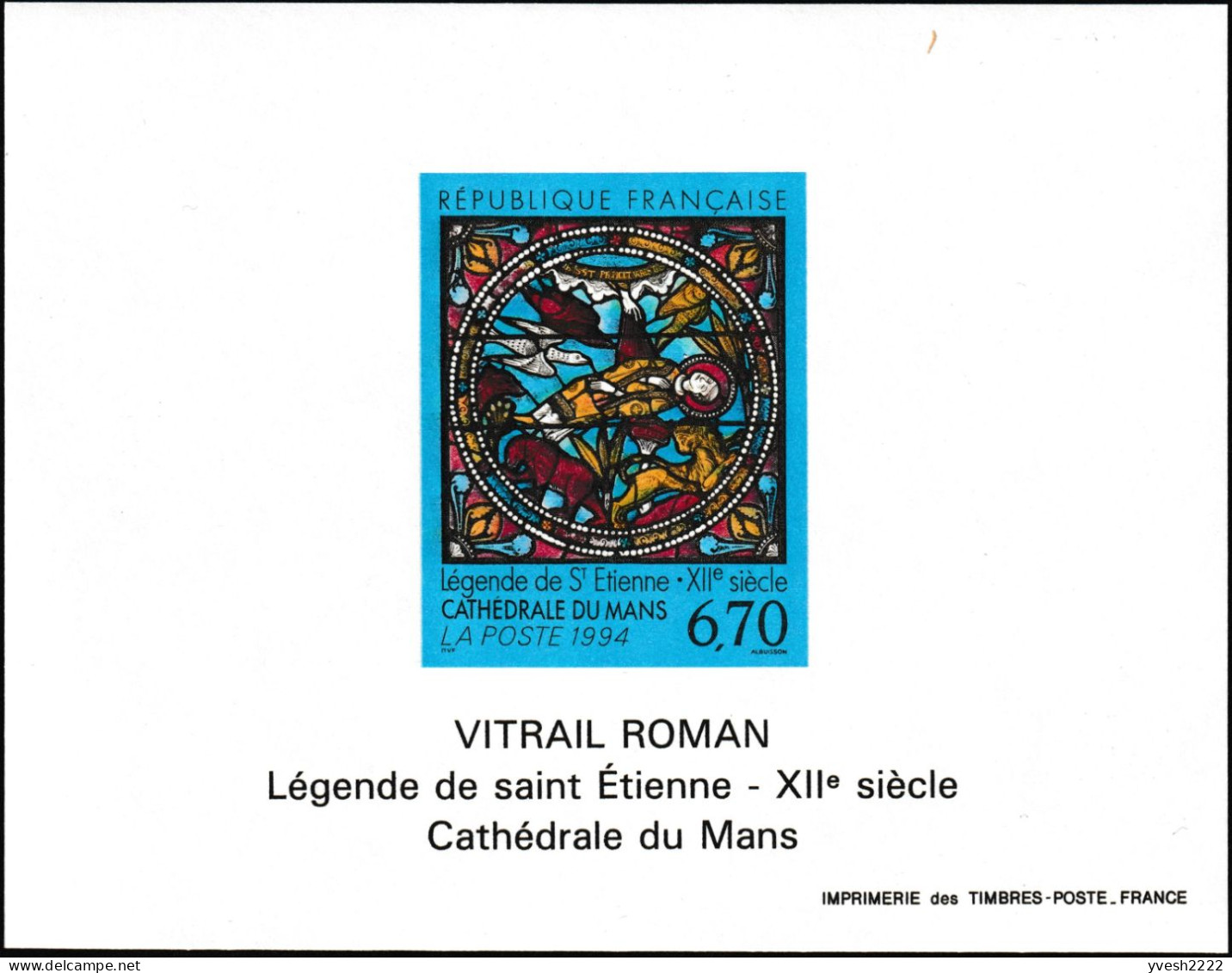 France 1994 Y&T 2859. Vitrail Roman De La Cathédrale Du Mans. Légende De Saint Étienne. Bloc Spécial Gommé. Ours, Lion - Glasses & Stained-Glasses