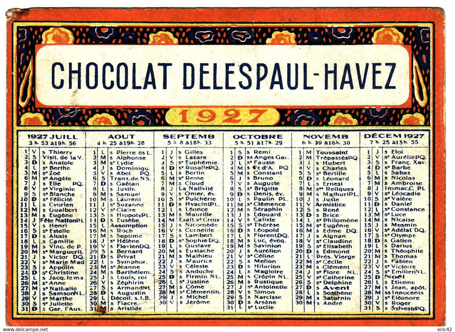 CALENDRIER PUBLICITAIRE **Chocolat Delespaul-Havez 1927** 2 Scans - Klein Formaat: 1921-40