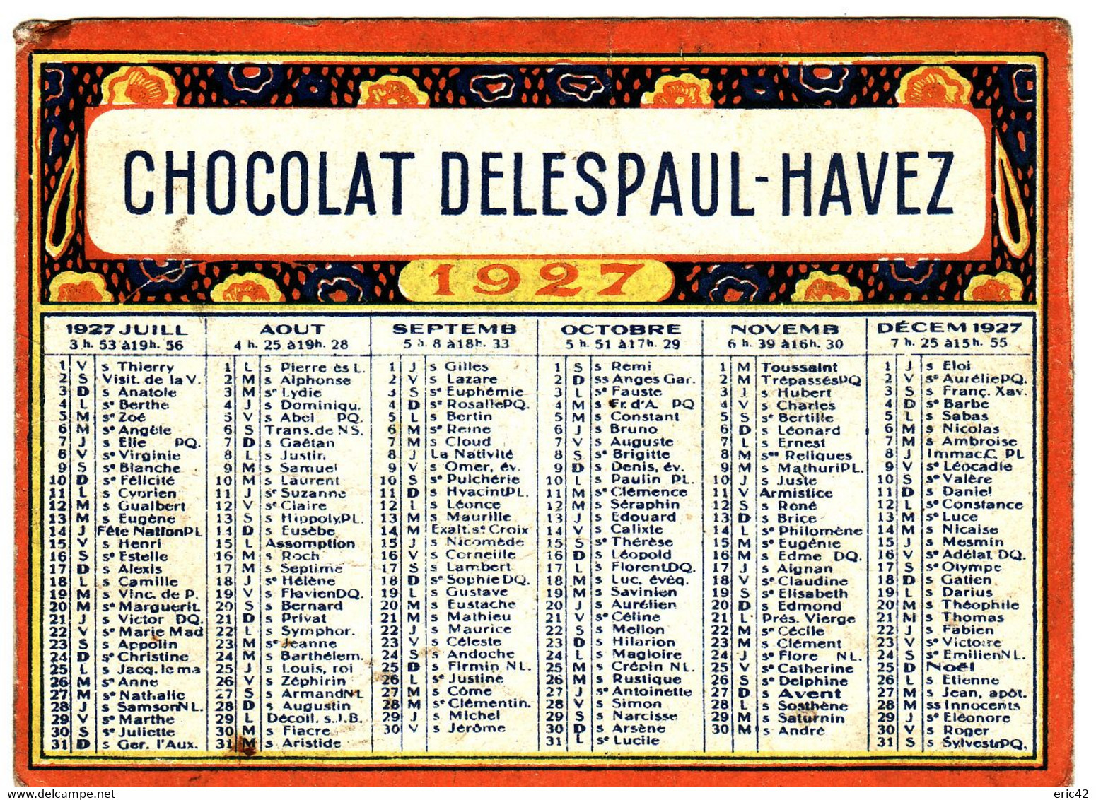 CALENDRIER PUBLICITAIRE **Chocolat Delespaul-Havez 1927** 2 Scans - Formato Piccolo : 1921-40