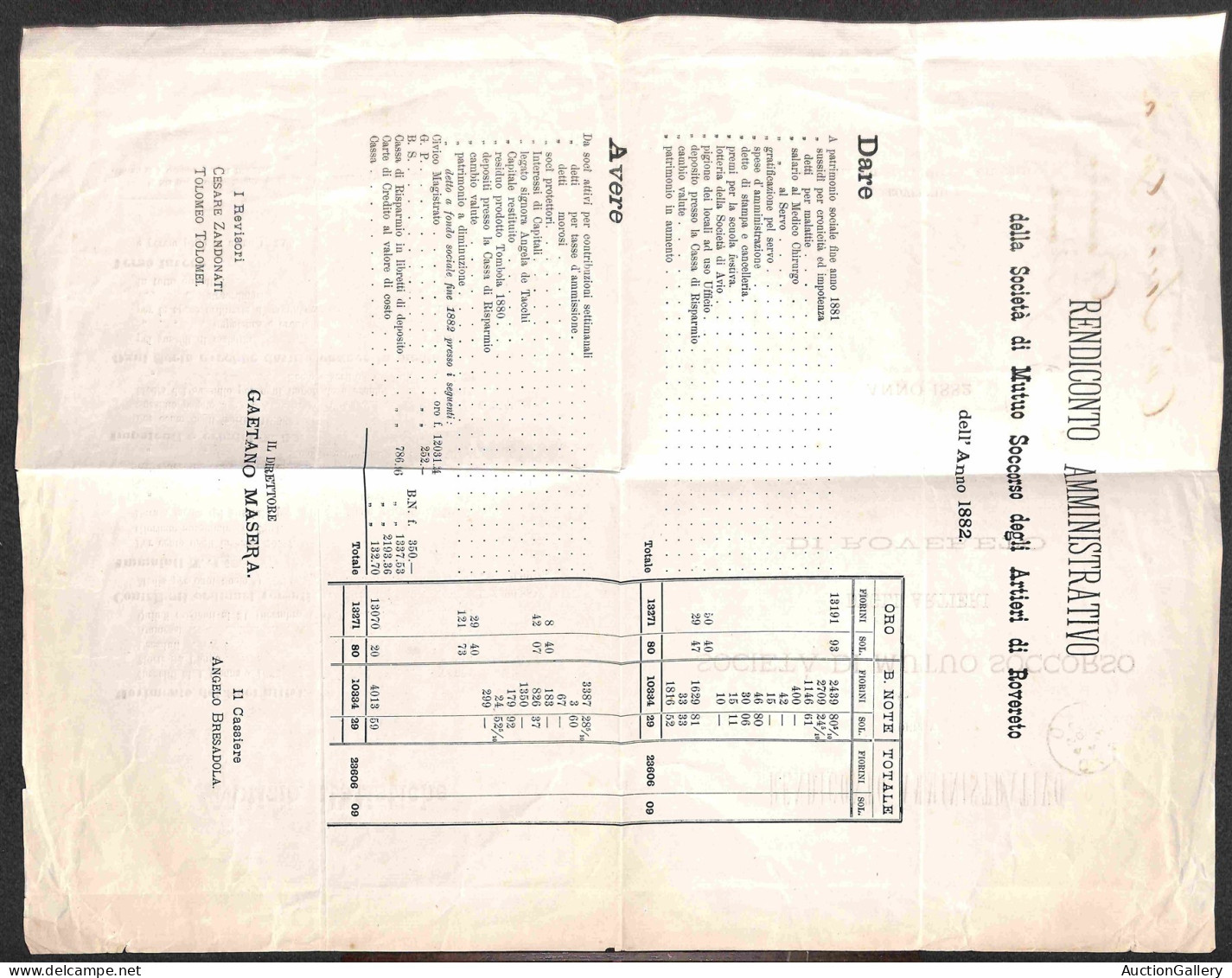 Antichi Stati Italiani - Lombardo Veneto - Territori Italiani D'Austria - Società Di Mutuo Soccorso Degli Artieri Di Rov - Other & Unclassified