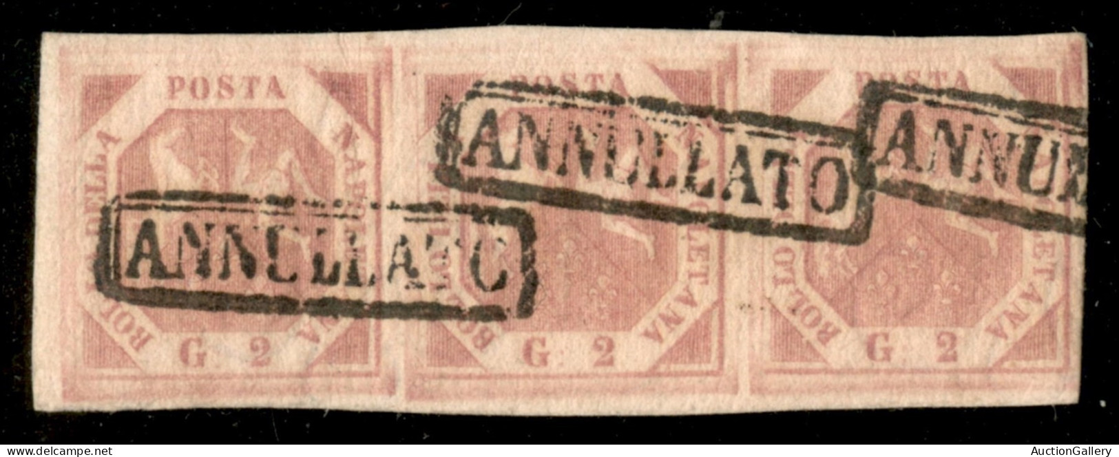 Antichi Stati Italiani - Napoli - 1851 - Striscia Orizzontale Di Tre Del 2 Grana Rosa (5) - Grandi Margini - Molto Bella - Sonstige & Ohne Zuordnung