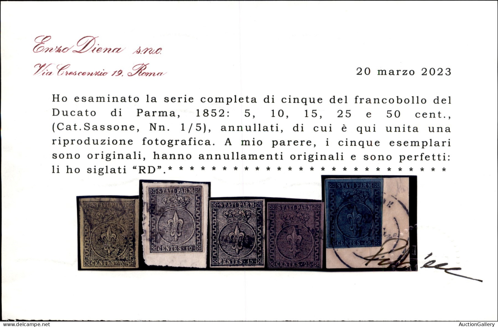 Antichi Stati Italiani - Parma - 1852 - Prima Emissione (1/5) - Serie Completa Usata - Cert. R. Diena - Autres & Non Classés