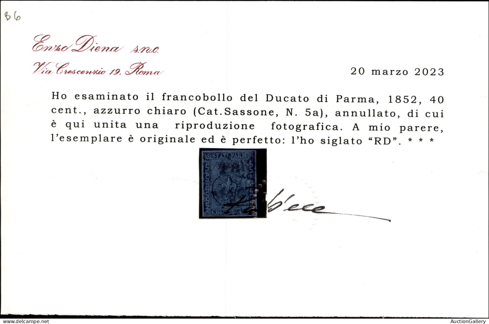 Antichi Stati Italiani - Parma - 1852 - 40 Cent Azzurro Chiaro (5a) - Usato - Cert. R. Diena - Sonstige & Ohne Zuordnung