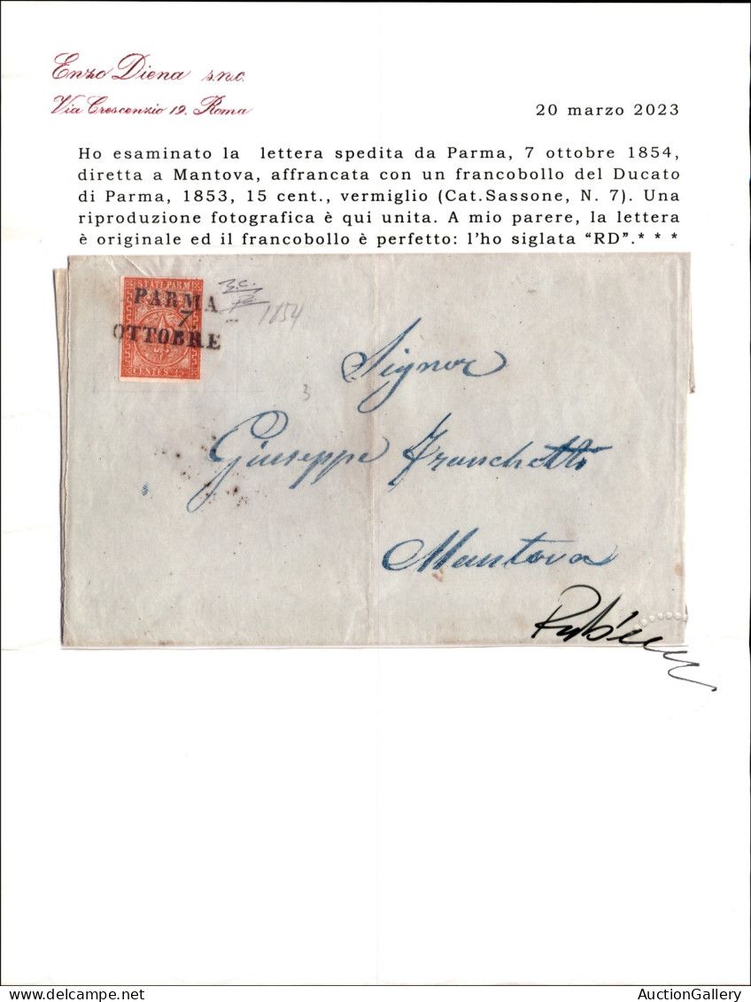 Antichi Stati Italiani - Parma - 15 Cent (7) Su Involucro Di Lettera Da Parma A Mantova Del 7.10.54 - Cert. R. Diena - Altri & Non Classificati