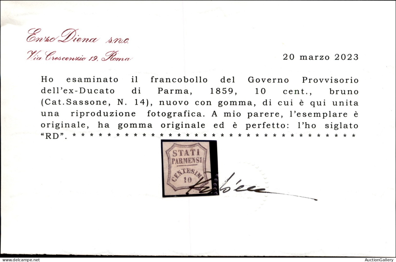 Antichi Stati Italiani - Parma - 1859 - 10 Cent (14) - Gomma Originale - Cert. R. Diena - Autres & Non Classés