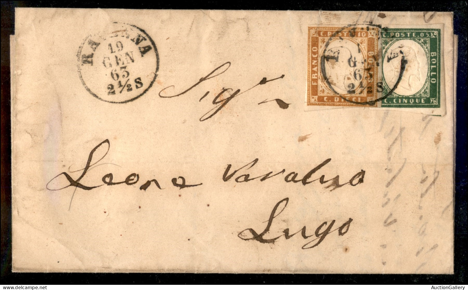 Antichi Stati Italiani - Sardegna - 10 Cent (14Df) + 5 Cent (13D) Su Lettera Da Ravenna A Lugo Del 19.1.63 Via Faenza - Andere & Zonder Classificatie