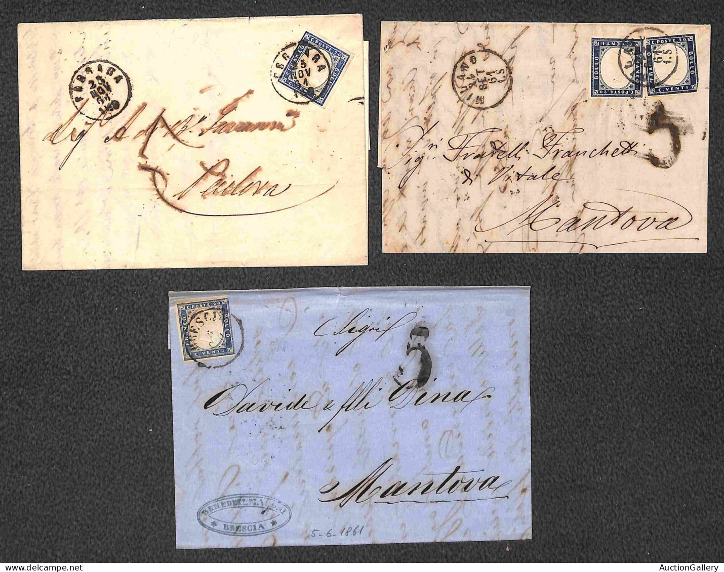 Antichi Stati Italiani - Sardegna - 1860/1862 - Tassate - Nove lettere col 20 cent (15C/15D) per Veneto e Austria - dife